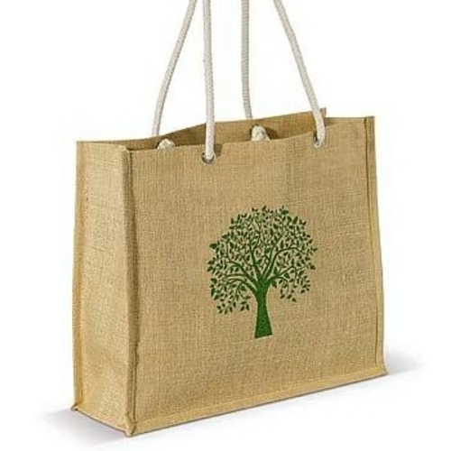 Natural Jute Bag For Shopping In Tree Printed Pattern With Hand Length Handle