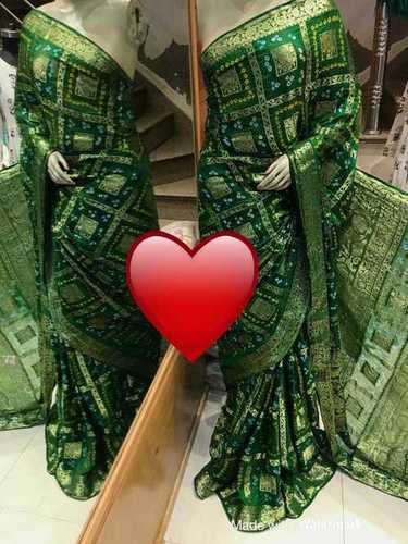 Ladies Green Bandhej Ghadchola Banarasi Saree With Heavy Zari Work