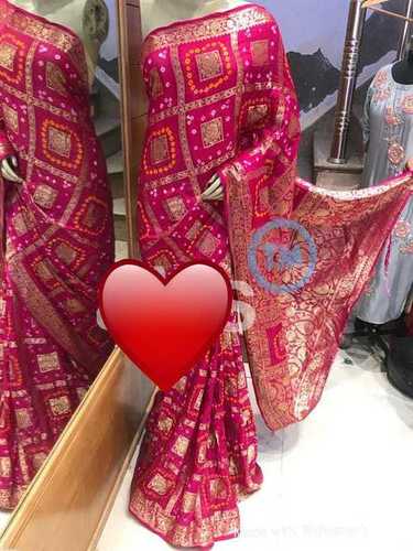 Pink Designer Bandhej Ghadchola Banarasi Saree With Heavy Zari Work For Ladies