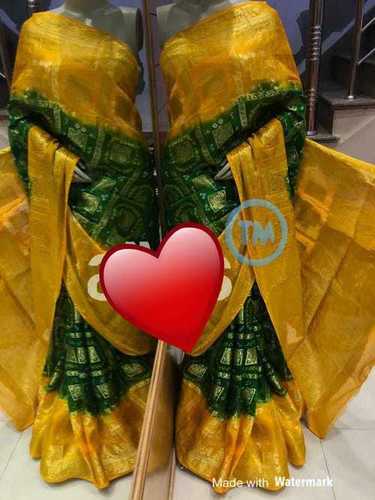 Ethnic Yellow And Green Designer Bandhej Ghadchola Banarasi Saree With Heavy Zari Work For Ladies