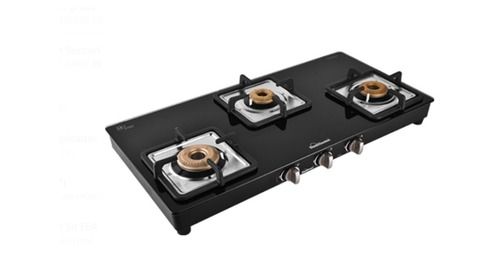 Black Color LPG Gas Stove With 3 Forged Brass Burners, Thick 8 mm Glass