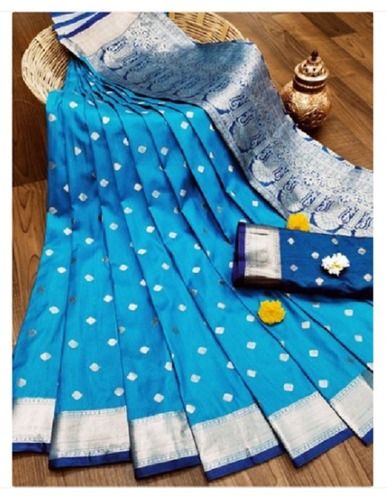 Summer Blue Color Cotton Silk Saree With Printed Design For Party Wear