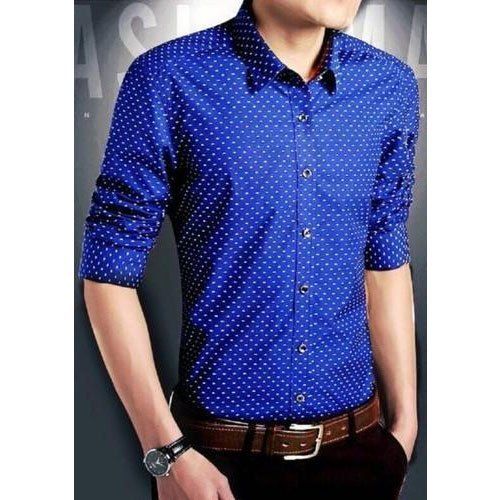 Quick Dry Blue Color Dot Printed Full Sleeve Mens Shirts With Cotton Materials And Straight Collar