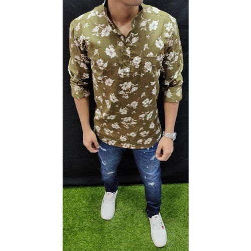 Green Colour Full Sleeve Flower Printed Men Shirt With Cotton Materials Collar Style: Straight