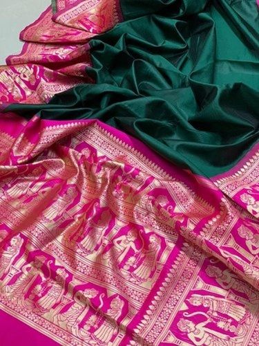 Party Wear Green And Pink Colour Saree With 6.3m Length And Cotton Silk Materials