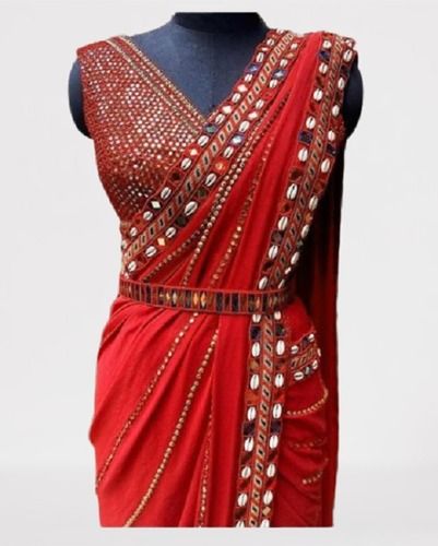 Red Color Embroidery Stone Cutwork Designer Georgette Saree For Ladies