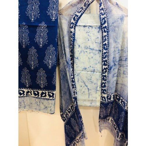 Blue And White Unstitched Salwar Suit Dry Cleaning Washable Comfortable In Summer Season Decoration Material: Beads