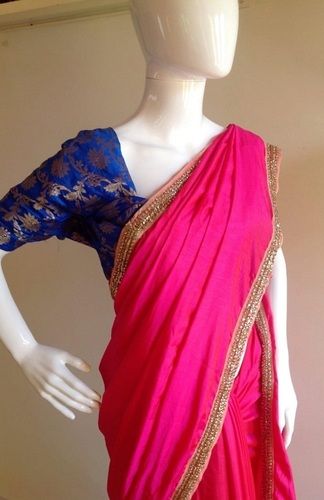 Plain Cotton Silk Party Wear Patch Work Pink And Blue Designer Ladies Saree