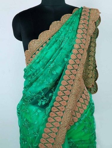 Cotton Silk Party Wear Stone Work Green And Golden Color Ladies Saree