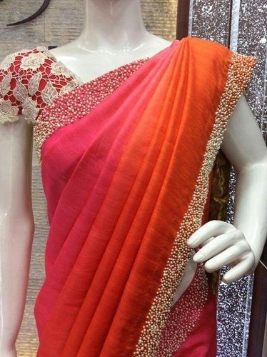 Cotton Silk Party Wear Stone Work Orange And Pink Designer Ladies Saree