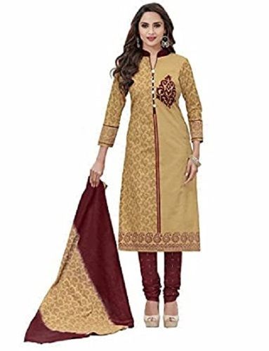 Ladies 3/4th Sleeves Beige And Maroon Printed Cotton Readymade Suits