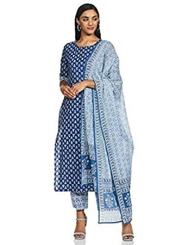 Indian Ladies 3/4Th Sleeves Round-Neck Blue And White Printed Cotton Salwar Suit