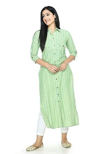 Ladies Casual 3/4Th Sleeves Light Green Striped Cotton Collared Long Kurti Decoration Material: Paint