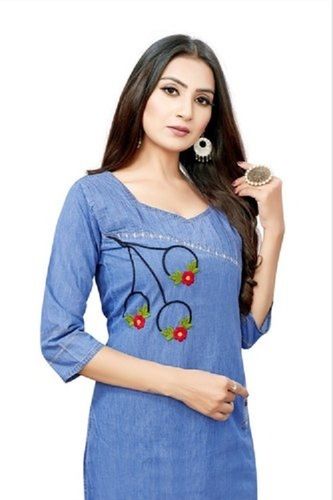 Ladies Casual 3/4th Sleeves Sweetheart-neck Blue Embroidered Denim Kurti