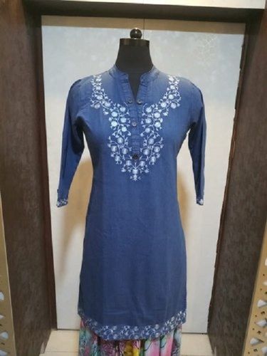 Ladies Casual Wear Regular Fit 3/4Th Sleeves Blue Plain Denim Long Kurti Decoration Material: Paint