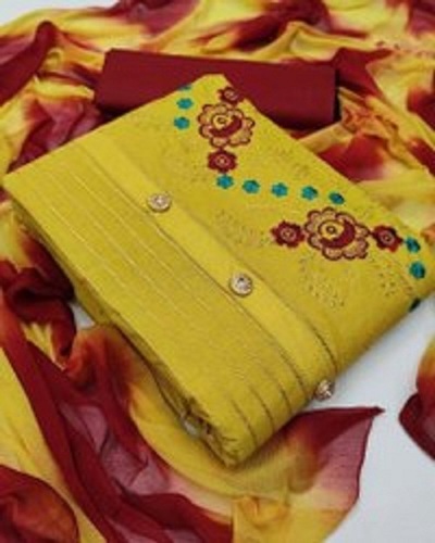 Yellow And Maroon Designer Suit Dry Cleaning Washable Comfortable In Summer Season Decoration Material: Laces