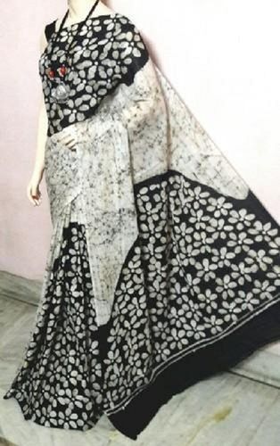 Printed Black And White Color Cotton Hand Batik Formal Wear Saree For Ladies