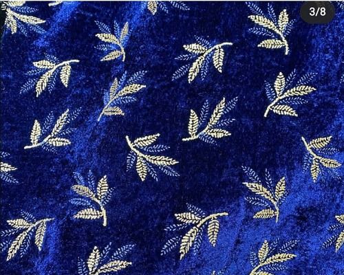 Blue Color Embroidered Fancy And Designer Velvet Fabric For Garment Uses