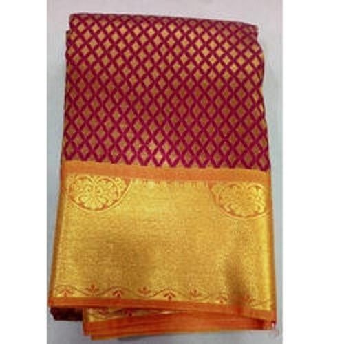 Spring Ladies Casual Wear Red And Golden 100% Cotton Printed Saree With Blouse Piece 