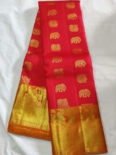 Winter Ladies Wedding Wear Red And Golden 100% Cotton Printed Saree With Blouse Piece