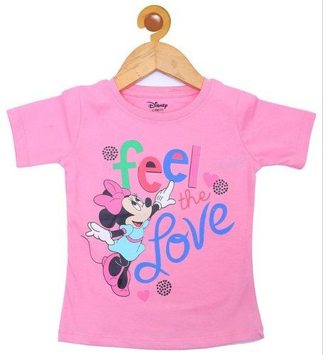 Round Neck Printed Pink Half Sleeves Casual Wear Cotton T Shirt For Girls