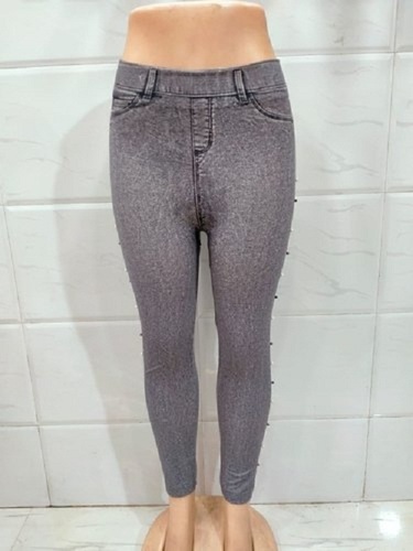 ladies casual slim fit ankle length gray plain 100 cotton denim leggings 035