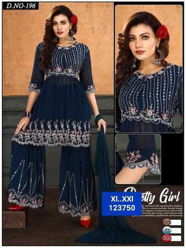  Dark Blue Full Sleeves Designer Mirror Work Straight Party Wear Cotton Palazzo Suit For Ladies Decoration Material: Stones