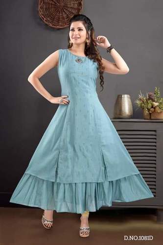 Indian  Light Blue Sleeveless Designer A Line Party Wear Cotton Suit With Skirt For Ladies