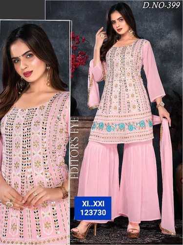  Light Pink Full Sleeves Designer Mirror Straight Party Wear Cotton Sarara For Ladies Decoration Material: Stones