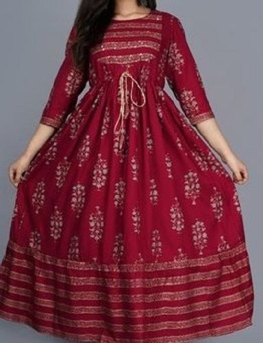 100% Cotton Lightweight Maroon And Silver Color Printed Ladies Anarkali Dress