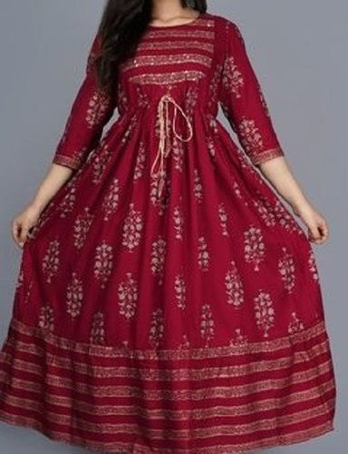 100% Cotton Lightweight Maroon And Silver Color Printed Ladies Anarkali Dress Bust Size: 34 Inch (In)