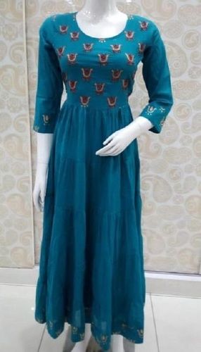 100 Percent Cotton Fabric Lightweight Flower Printed 3/4 Sleeve Ladies Anarkali Dress