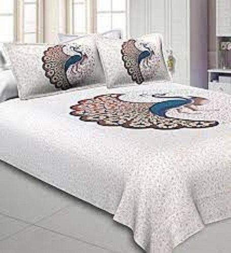 Cream And Maroon Multicolor Twill Dancing Peacock Print Double Bed Sheet With 2 Pillow Covers