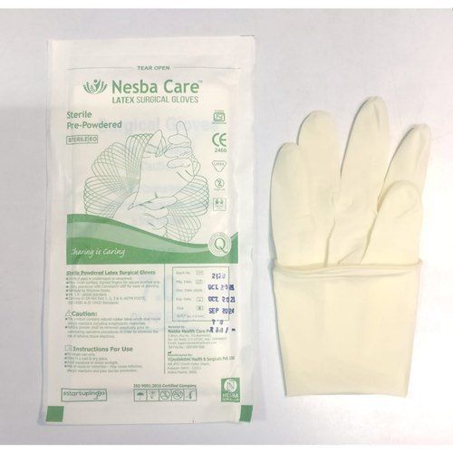 Nesba Care Sterile Pre Powdered Latex White Color Surgical Hand Gloves