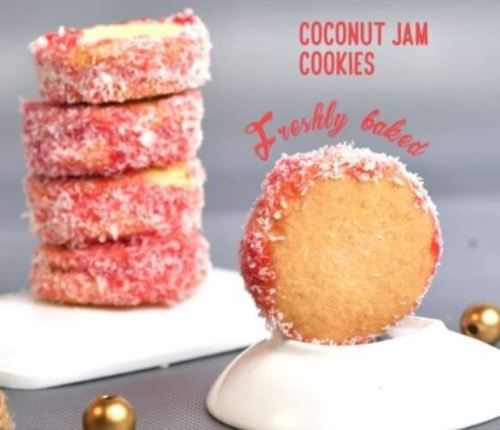 Pink And Brown Color Freshly Baked Coconut Jam Cookies For Snacks Fat Content (%): 42 Percentage ( % )