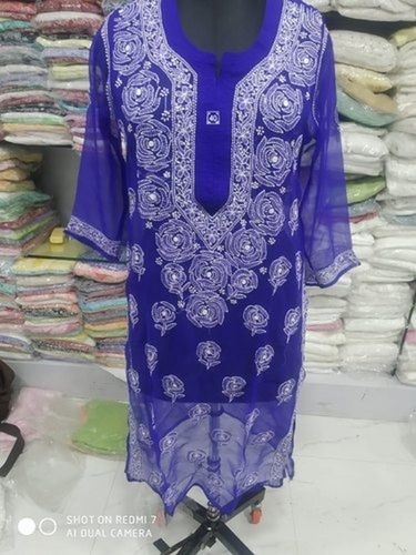 3/4th Sleeve Printed Ladies Kurti With Chiffon Fabrics and Blue & White Color