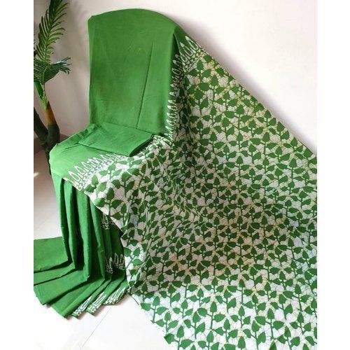 Casual Green Color Hand Printed Ladies Saree With 100% Pure Cotton Fabrics, Washable