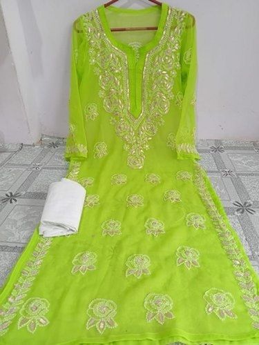 Washable Party Wear 3/4Th Sleeve Printed Ladies Kurti With Green Colour And Chiffon Fabrics