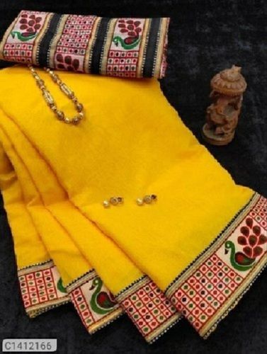 Summer Party Wear Yellow Color Designer Ladies Saree With Cotton Fabrics And Washable