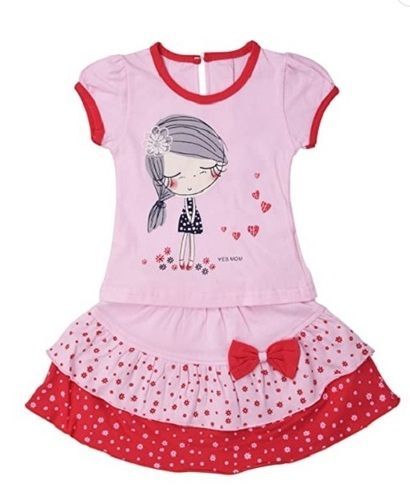 Summer Pink And Red Color Cotton Printed Skirt Top For Kids Daily Wear