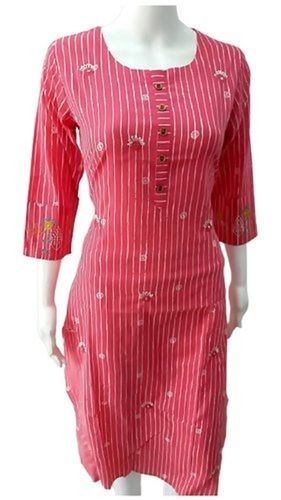 Pink Colour Block Printed Ladies Kurti With Cotton Fabrics And Normal Wash