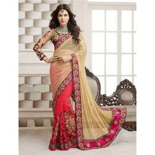 Beautiful Sequence Embroidery Shimmery Look Peach Georgette Saree – Lady  India