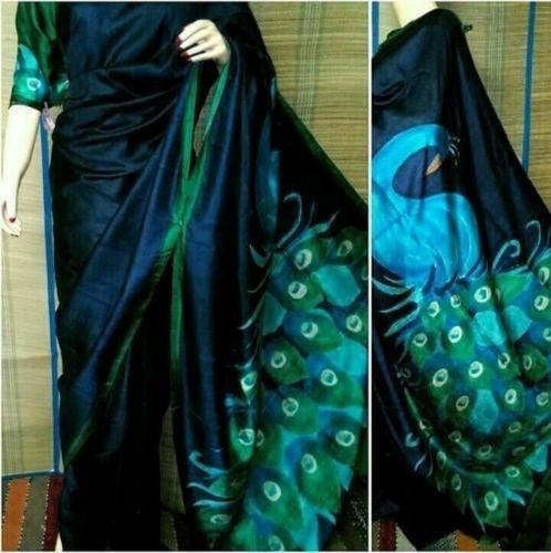 Blue Womens Lightweight Beautiful Pritned Silk Fabric Saree With Blouse Piece