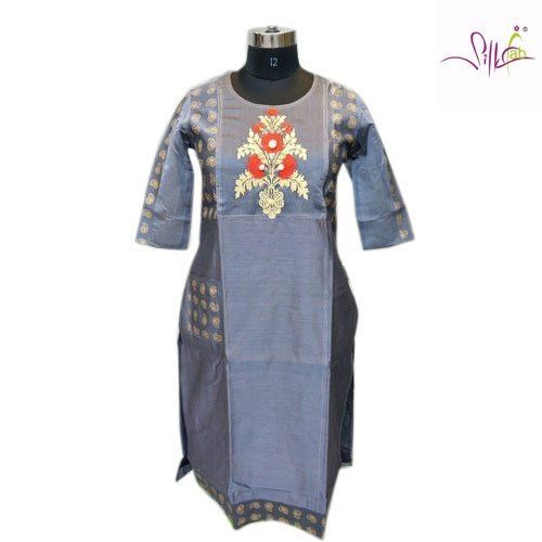  Grey Color Comfortable And Washable Ladies Embroidered Chanderi Silk Kurti