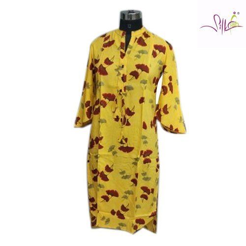 100% Cotton Anti Wrinkle Yellow Color Rayon Printed 3/4Th Sleeve Kurti For Ladies Bust Size: 35-36 Inch (In)