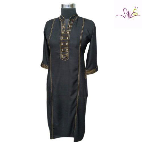 Comfortable Black Color Silk Fabric Casual Wear Rayon Long Kurti For Ladies