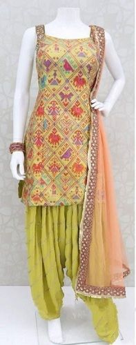 Ladies 3/4Th Sleeveless Round-Neck Light Green Printed Cotton Readymade Salwar Suit Decoration Material: Laces