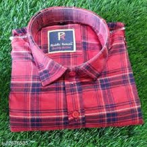 Washable 100% Cotton Fabric Red And Blue Check Pattern Mens Shirts For Casual Wear