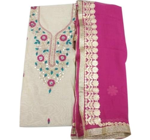 Indian Pink Embroidered Thread Work Cotton Unstitched Ladies Suit For Casual Wear