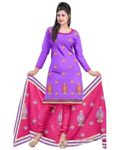 Purple And Pink Color Unstitched Cotton Embroidered Kurta & Churidar Material 